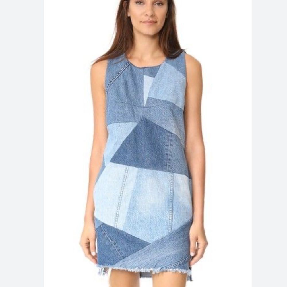 Revolve PRPS Denim Patchwork Sleeveless Raw Hem Mini Dress |S